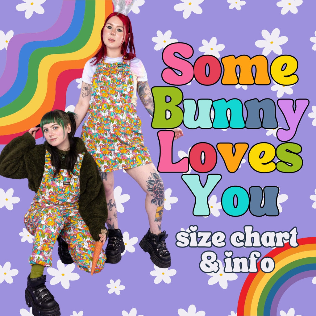 Size Chart Info for the Some Bunny Loves You Stretch Twill Dungarees & Pinafores, coming today at 4pm GMT 🐰🍄🌈