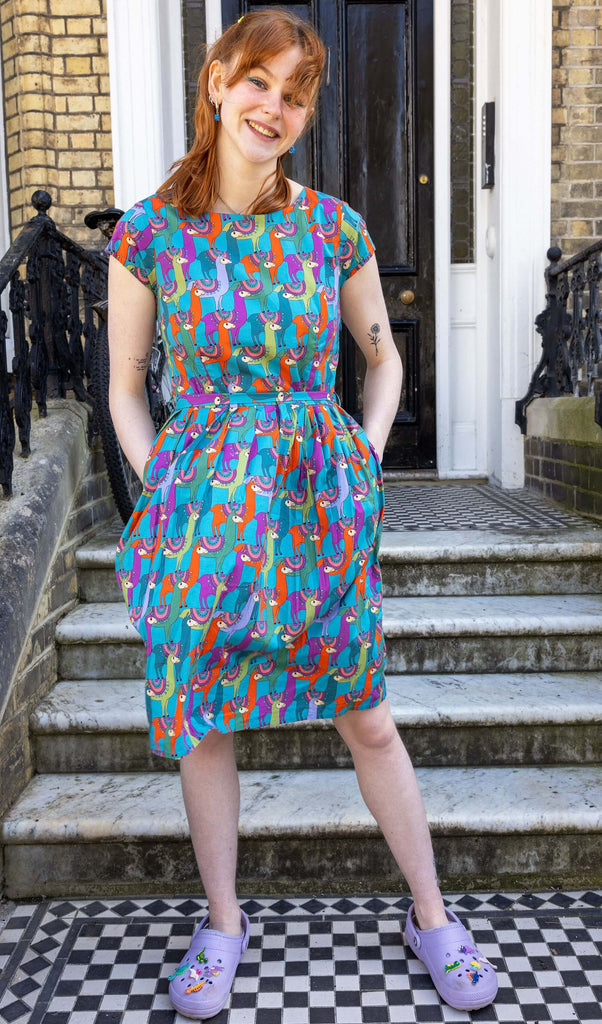 Tasha is wearing the Run & Fly Party Llama stretch belted tea dress, with waist belt tie, side pockets and zip, and blue, green, orange and purple Llama print pattern. Model is smiling at the camera, with hands in side pockets while standing on the steps of a town house.