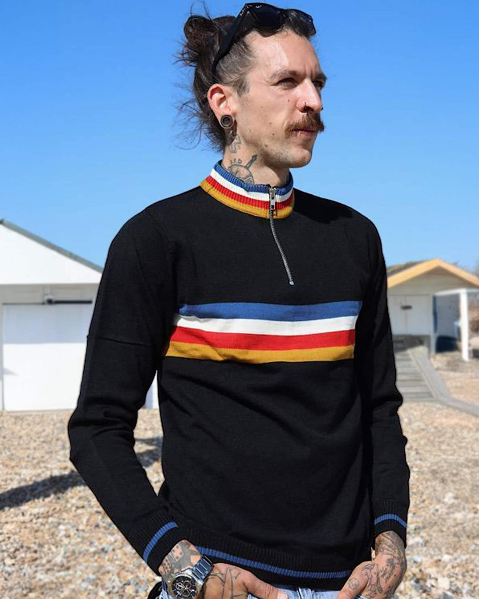 thumbnail image 2 of Run&Fly Men's Retro Emo Indie Style Black & Red Striped Jumper – Vintage 80s Knit Crew Neck 2 of 5