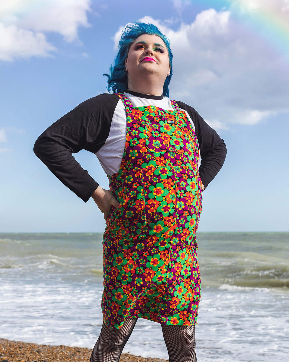 70's Dark Floral Print Stretch Corduroy Long Pinafore Dress – Run
