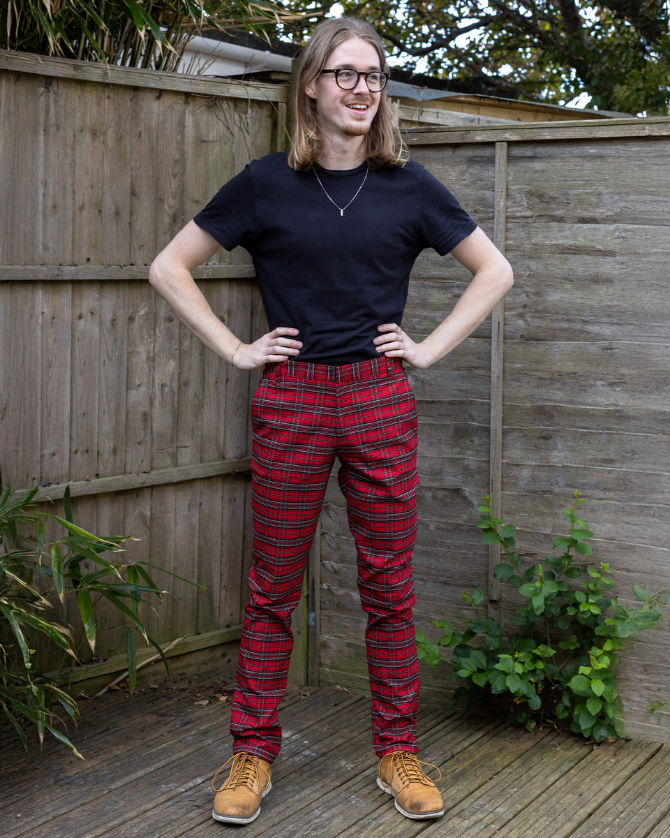 Baggy Red Chequered Trousers Retro Mod Stretch Red Royal Stewart