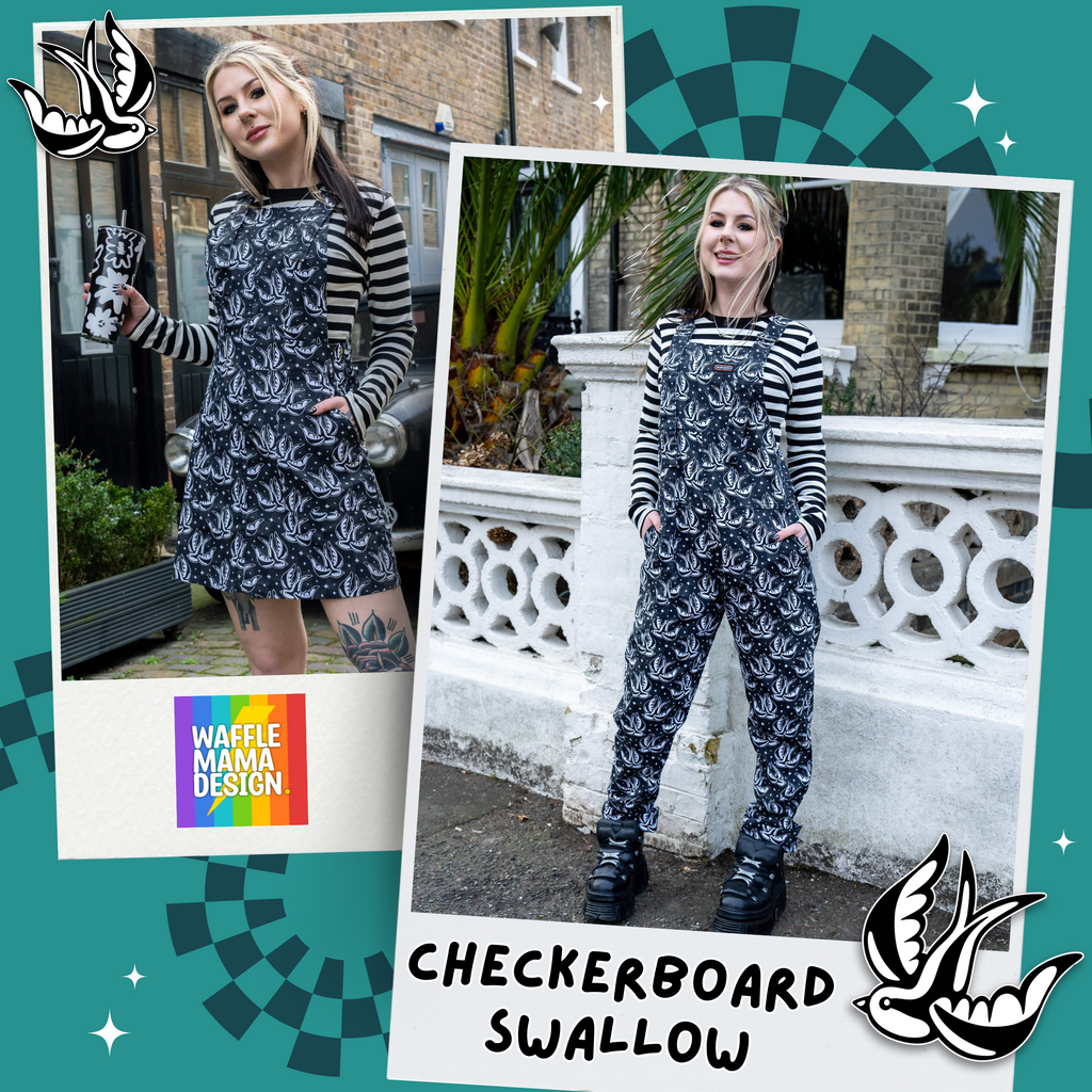 Checkerboard Swallow Dungarees & Pinafores Launching 11.3.25 at 4pm! 🐦‍⬛🏁