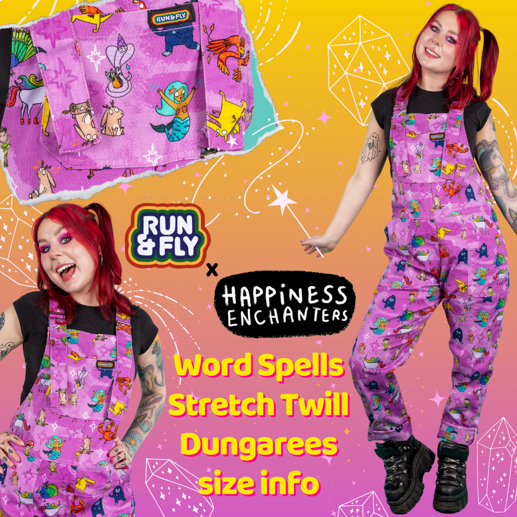 Run & Fly x Happiness Enchanters Word Spells Stretch Twill Dungarees Sizing Info