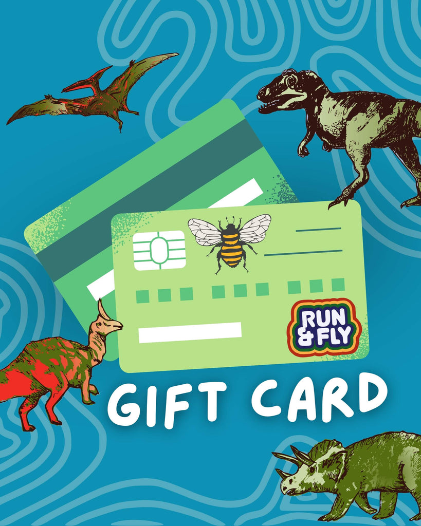 Run & Fly digital gift card voucher design on a teal background with wavy patterns. The gift card features illustrations of dinosaurs, including a triceratops, T-Rex, and pterodactyl, adding a playful prehistoric vibe. The card is adorned with a bee illustration and the Run & Fly logo, a small ethical slow fashion brand. Perfect for gifting lovers of quirky, fun styles. Ideal as a unique gift choice for birthdays, holidays, or special occasions.