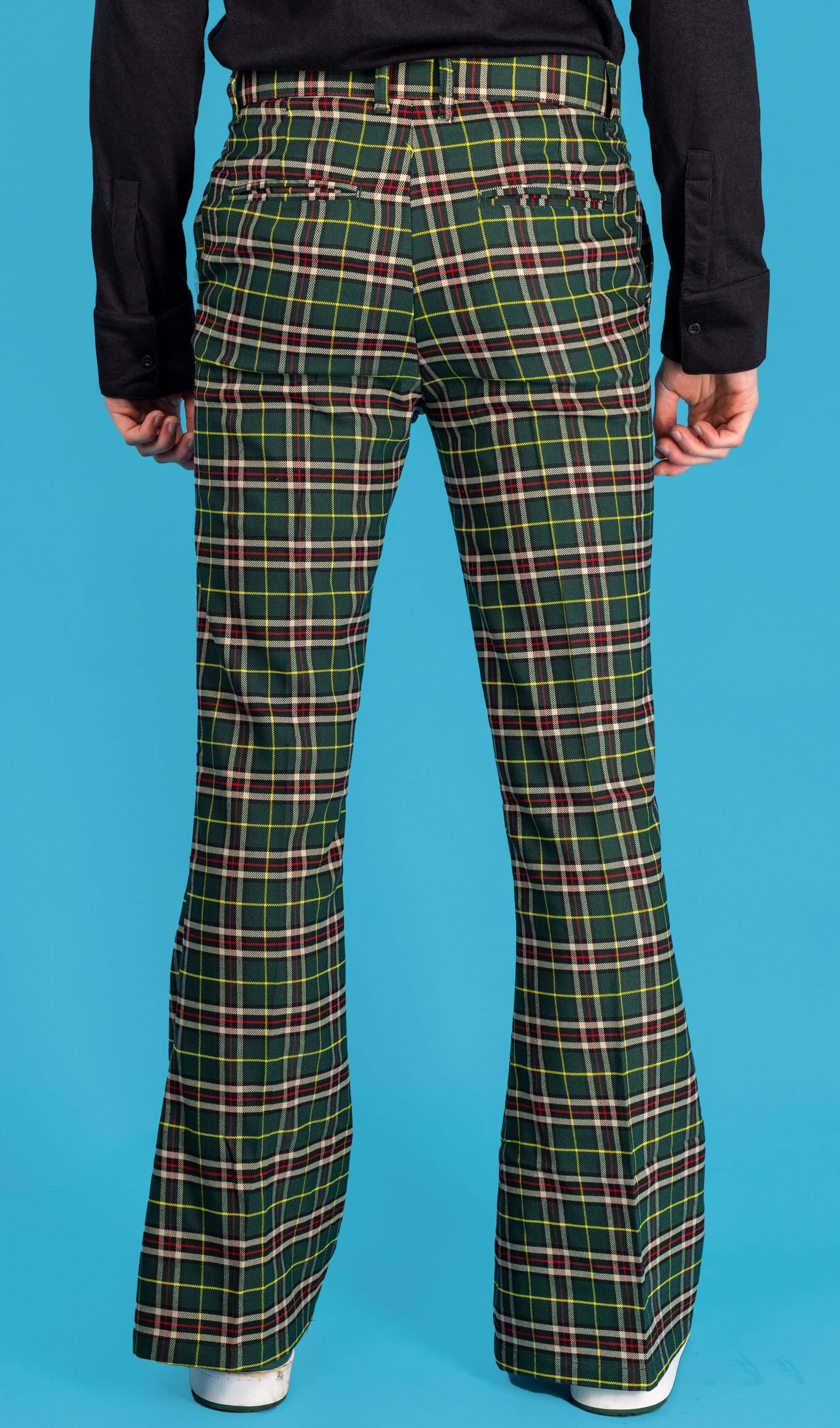 Green Tartan Plaid Bell Bottom Slacks Run and Fly