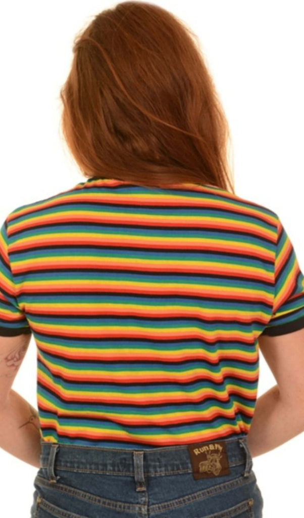Back of Model with long red hair, standing against a white background, wearing the Retro Rainbow Brights Repeat Striped T Shirt