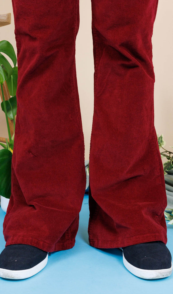 close up of the flared bottoms of the Tawney Port Corduroy Bell Bottom Flares