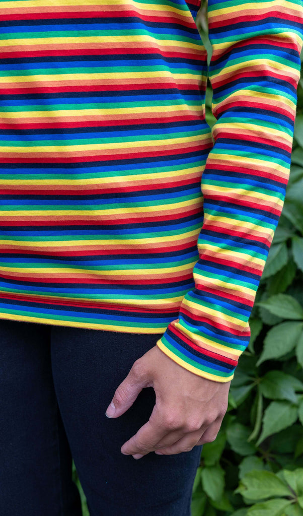 close up of Retro Rainbow Brights Repeat Striped Long Sleeved T Shirt.