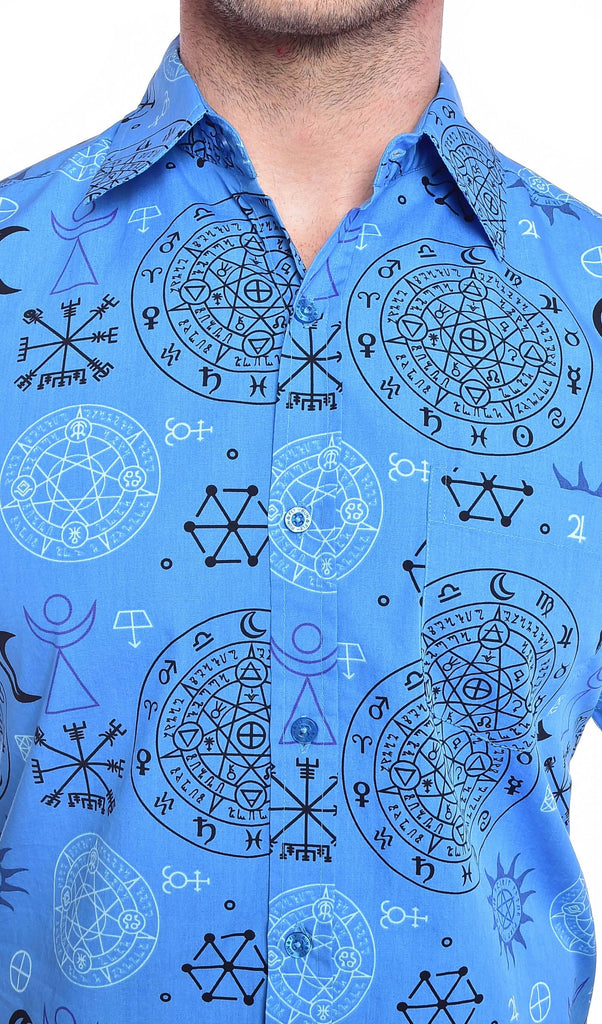 Close up shot of the collar and button down detailing on the supernatural magic symbol print shirt.