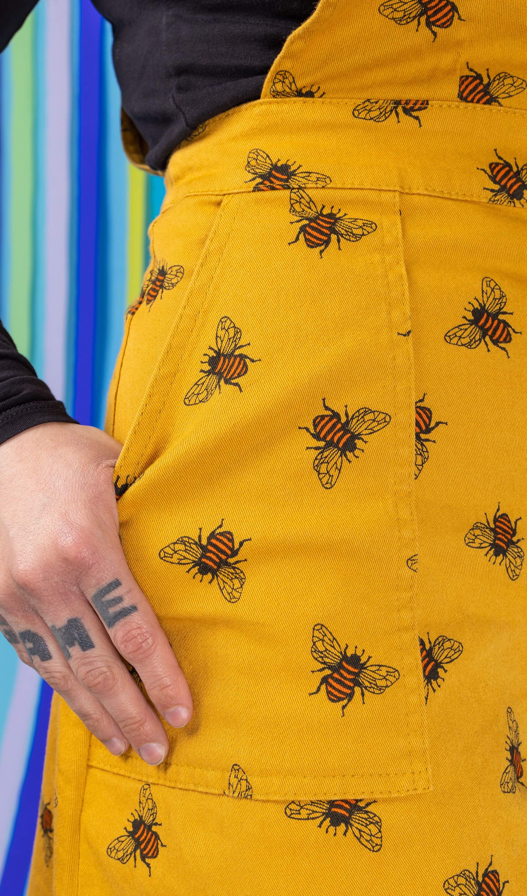 The Bees Knees Bee Print Gold Stretch Twill Pinafore Dress Run and Fly