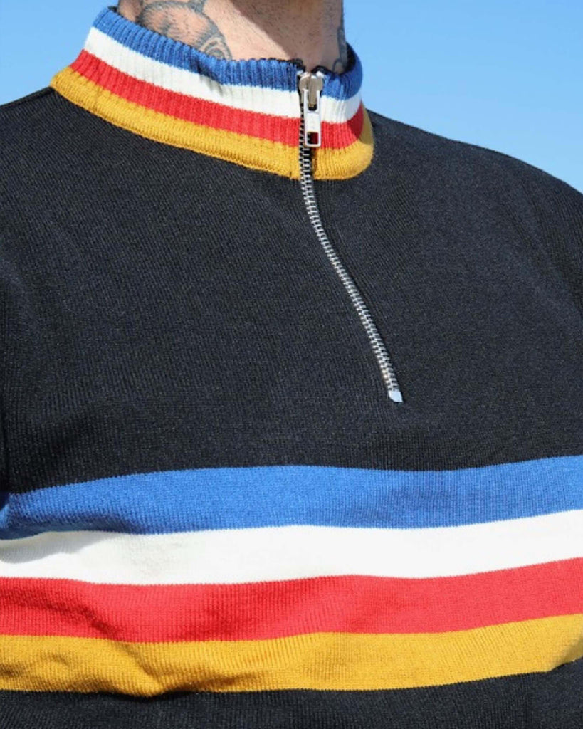 Close up of the chest and neck zip of the Black Retro Zip Neck Jumper