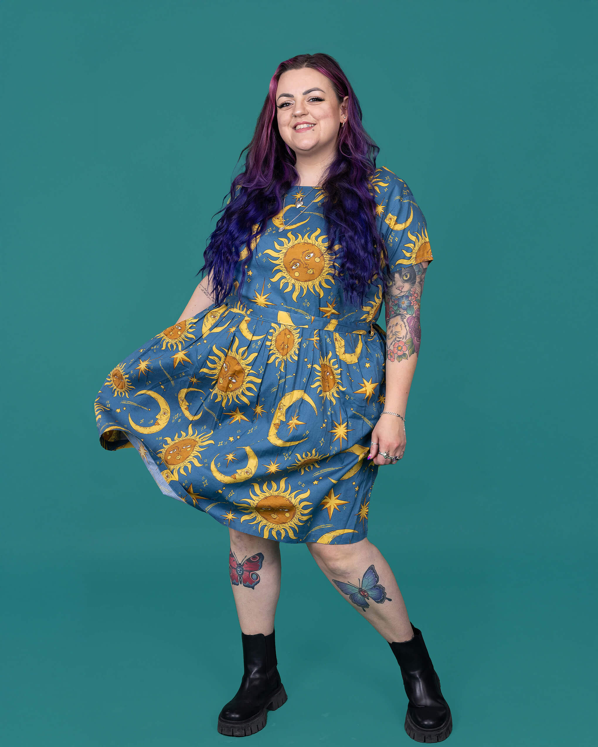 Celestial Sun and Moon Stretch Belted Tea Dress with Pockets Run and Fly