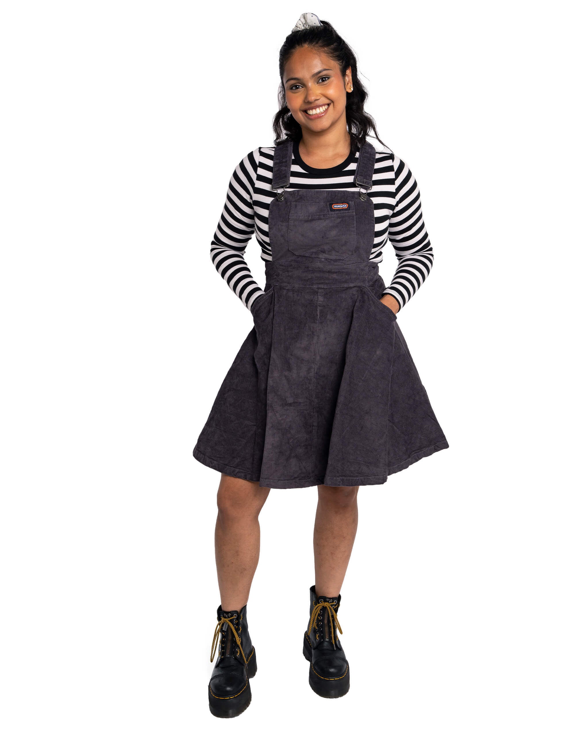 run & fly rainbow corduroy pinafore mini dress Bee Cord Pinafore