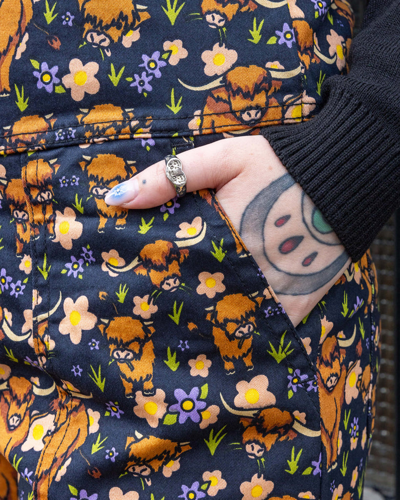 close up of model's hand in pocket of Highland Cows Stretch Twill Dungarees