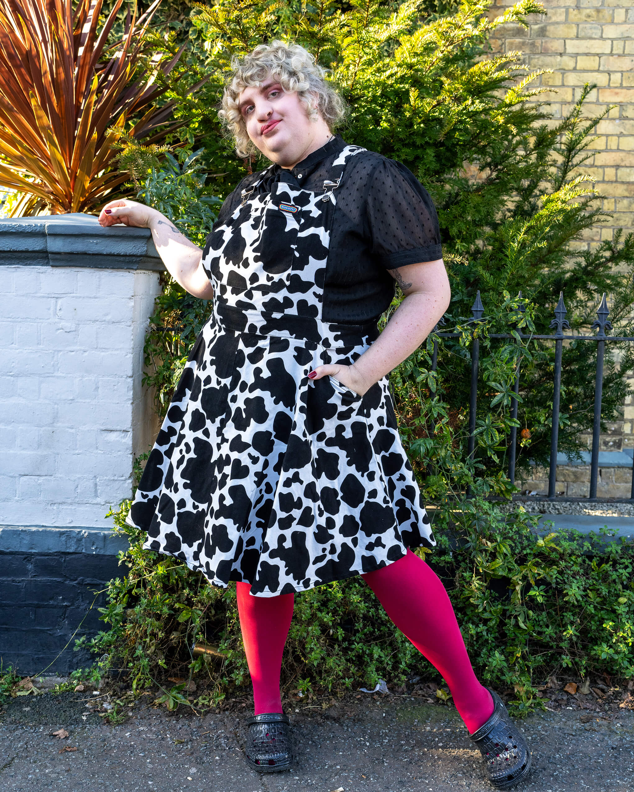 Cow Print Flared Pinafore Dress – Run and Fly - Main Image