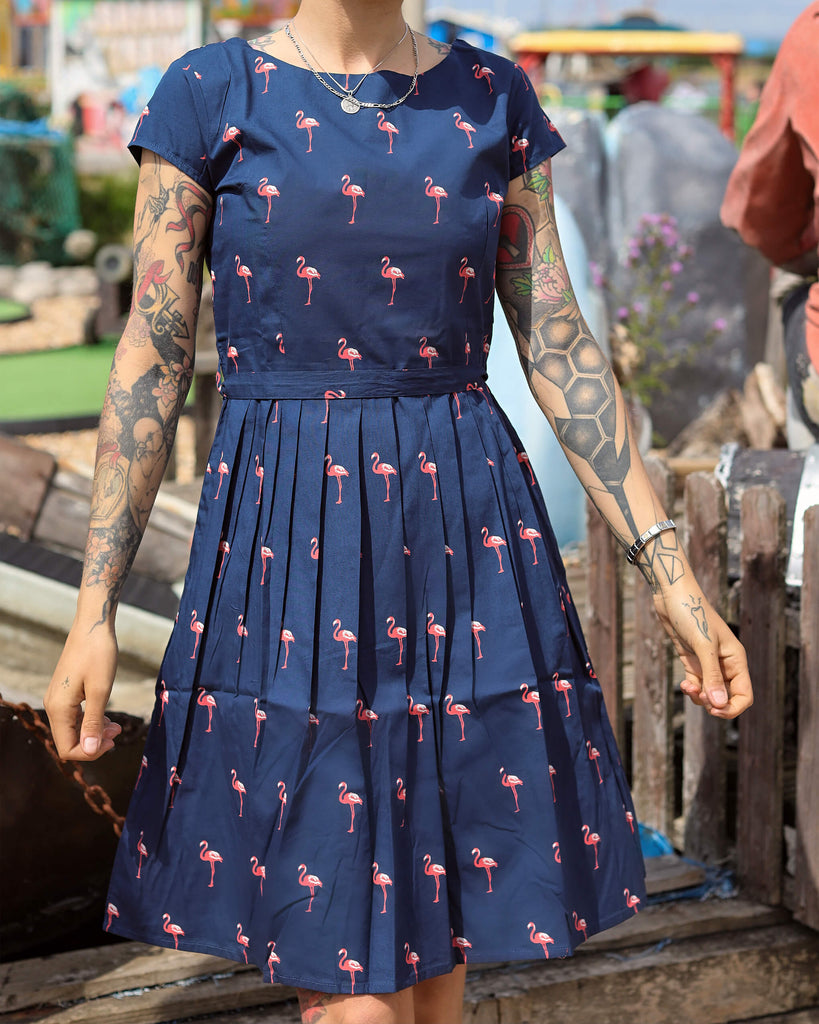 Model is stood outside in a seaside park area wearing the flamingo tea party dress. They are facing the camera and looking off to the left with both hands resting by their sides. Photo is cropped from the knees up.