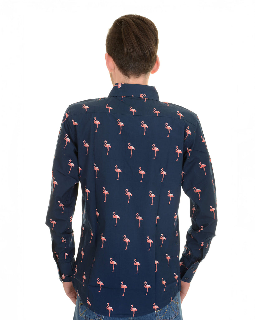 Rear view of the Run & Fly Flamingo Print Long Sleeve Shirt, showcasing an all-over pink flamingo pattern on navy blue fabric. The shirt has a casual, yet stylish look, ideal for lovers of fun, animal-inspired prints. Ethical slow fashion brand Run & Fly focuses on quirky, sustainable designs.