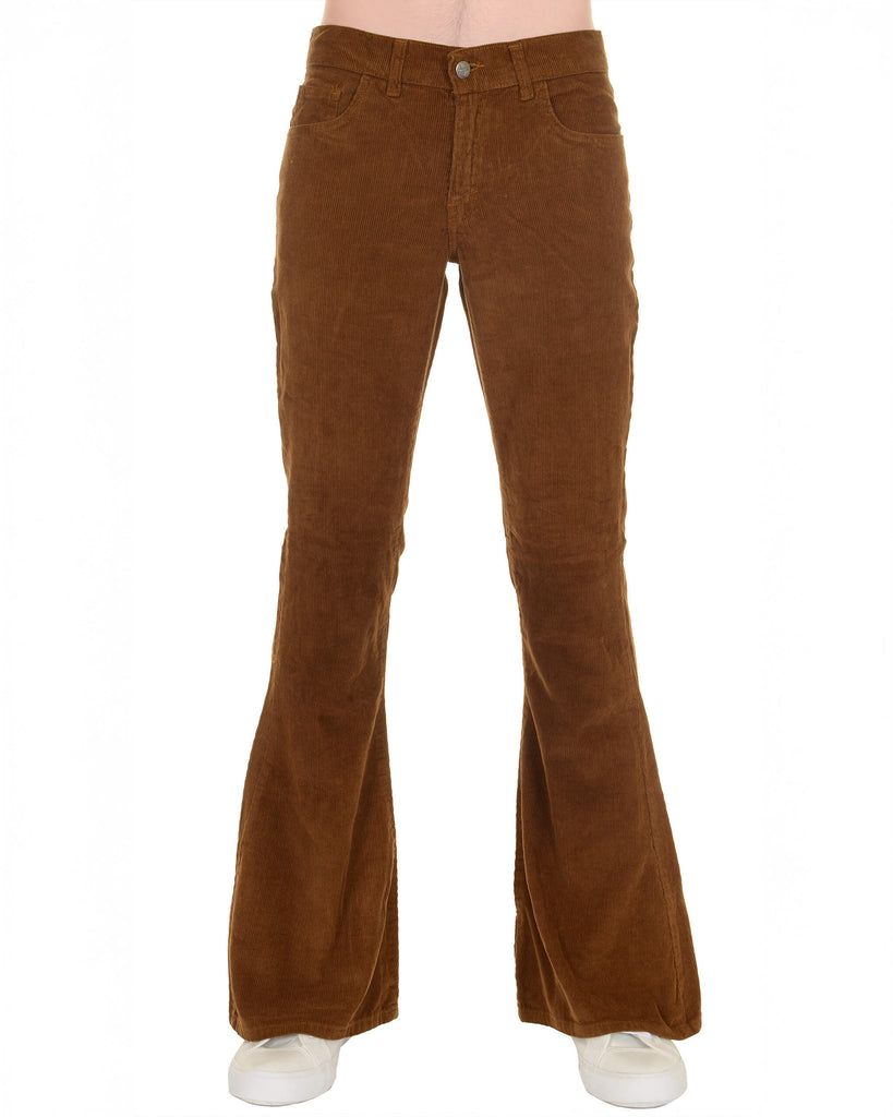 A front view of the Tobacco Corduroy Bell Bottom Super Flare Trousers by Run & Fly. These mid-waisted, retro-style trousers showcase the fitted waist and thighs, flaring wide from the knees for a statement silhouette. Made with thick, soft tobacco-coloured corduroy, perfect for autumn styling with chunky shoes.