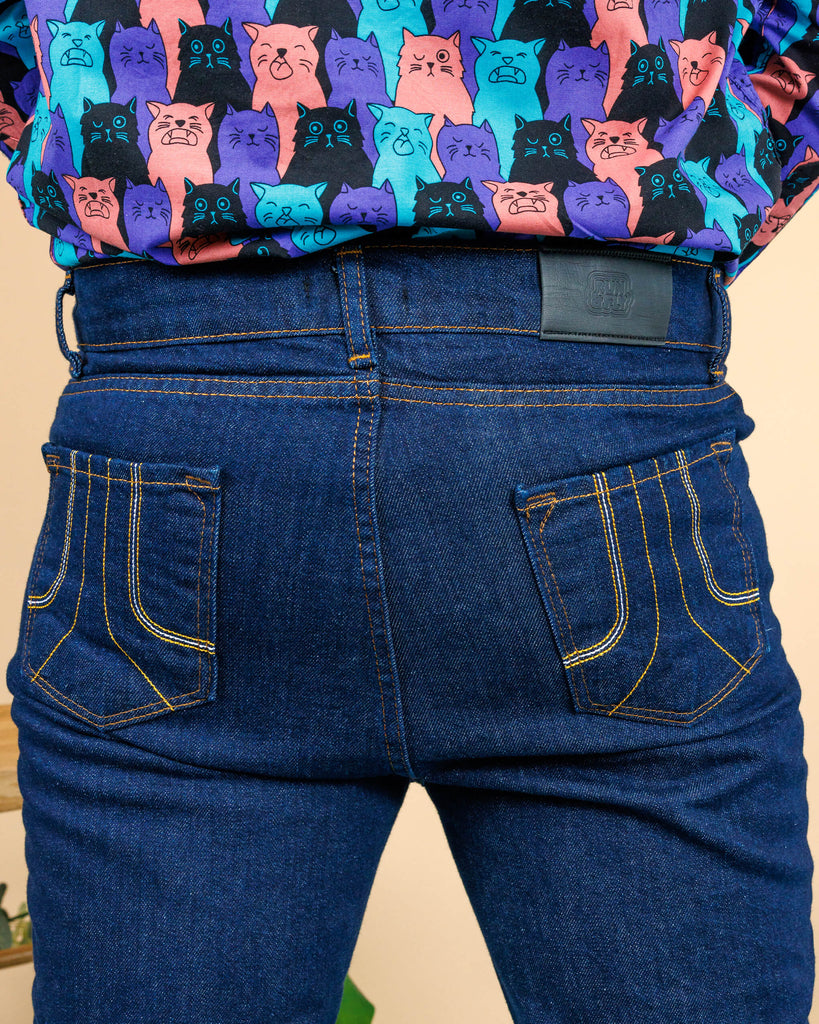 close up of back of Indigo Blue Mid-Low Rise Bell Bottom Super Flare with Run&Fly label 