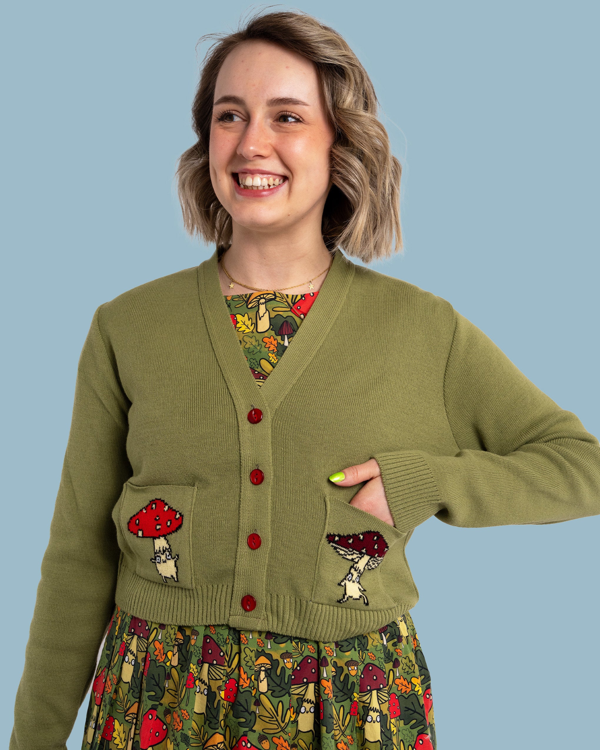 Run & Fly x Katie Abey Mushroom Bois V-Neck Cropped Cardigan – Run