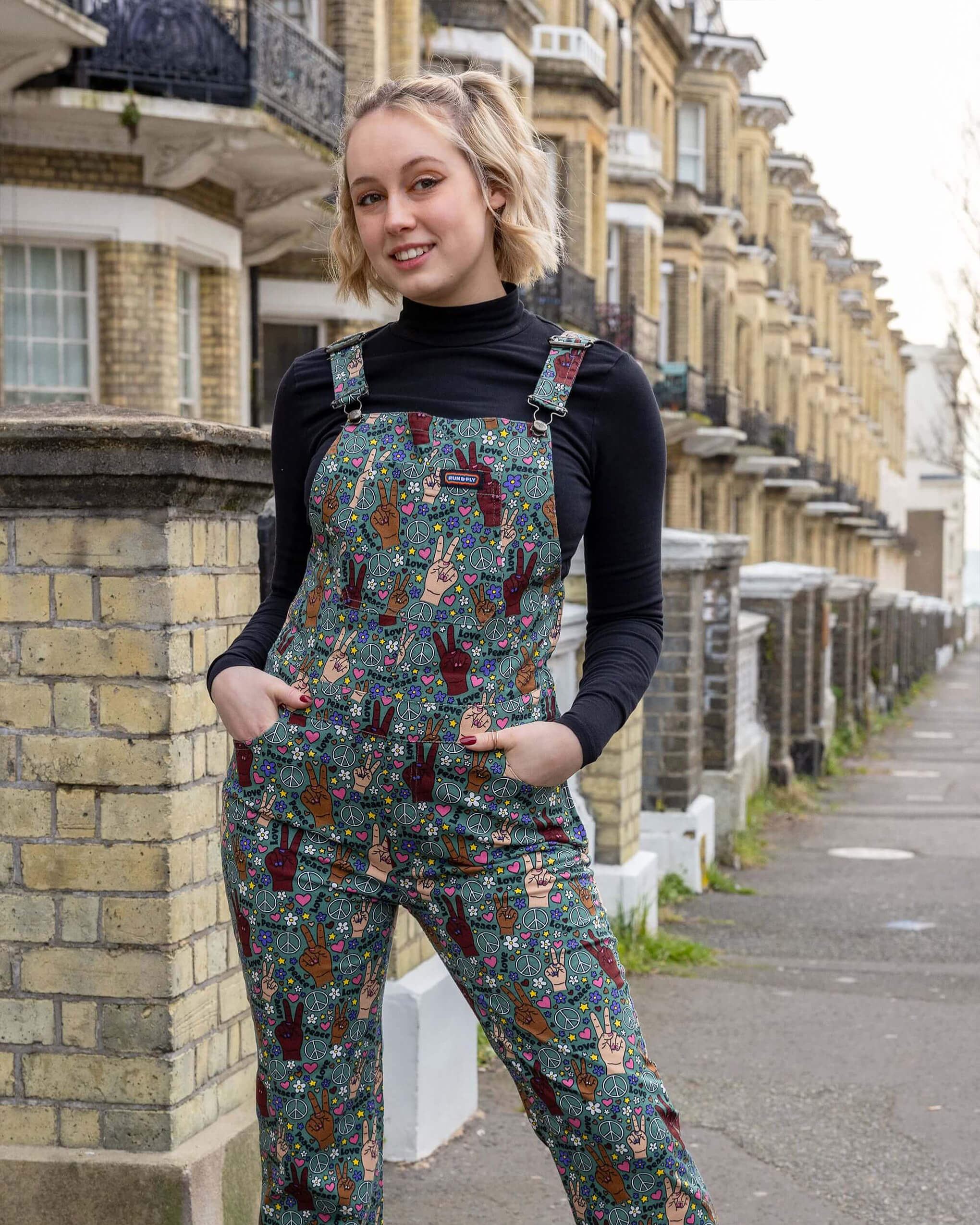 Peace and Love Stretch Skinny Flared Dungarees Run and Fly