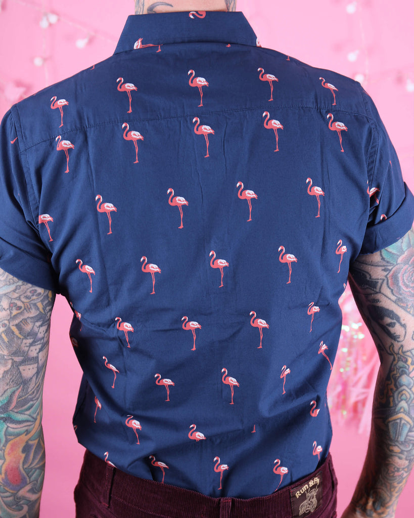 Back close up shot of the preppy flamingo short sleeve shirt.