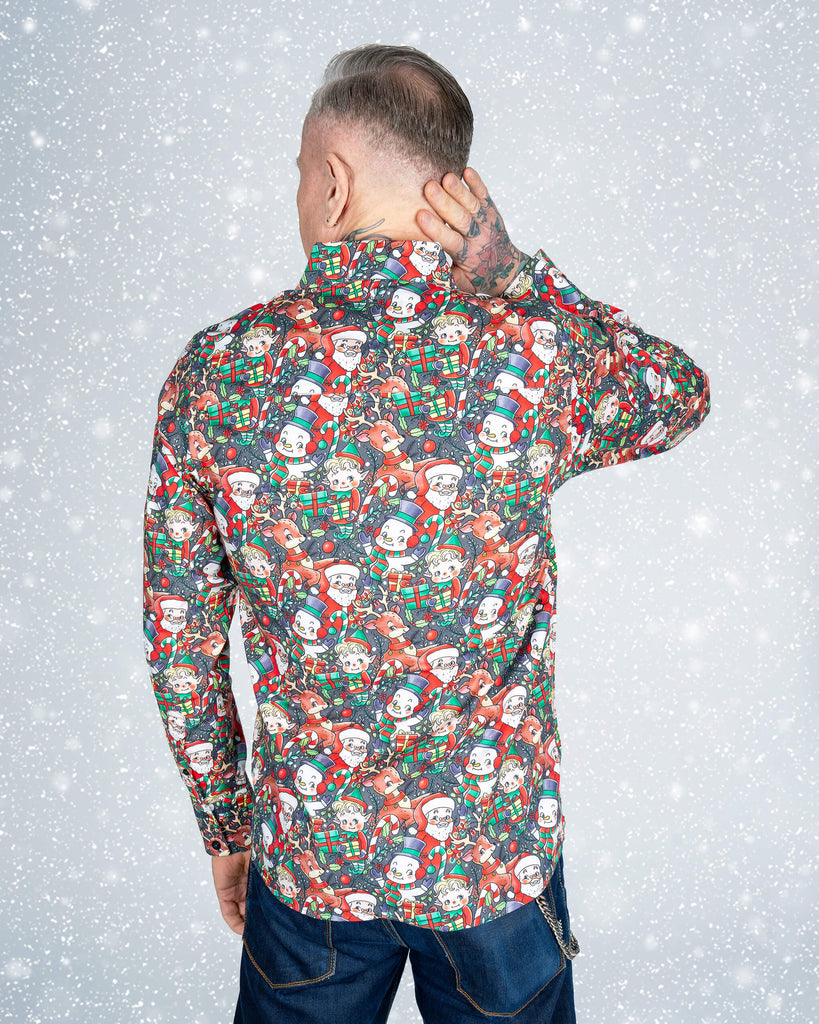  A back view of a Run & Fly long-sleeved Christmas shirt showcasing its vibrant holiday-themed print. Featuring vintage-inspired designs of Santa, snowmen, elves, and reindeer, the ethical slow fashion piece combines fun and festive cheer.