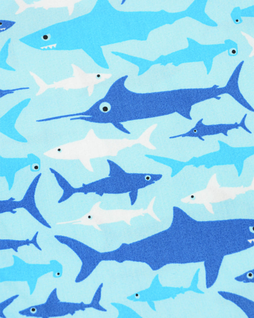 Close up photo of the jaws tea party fabric which showcases multiple sharks with googly looking eyes in different shades of blue.