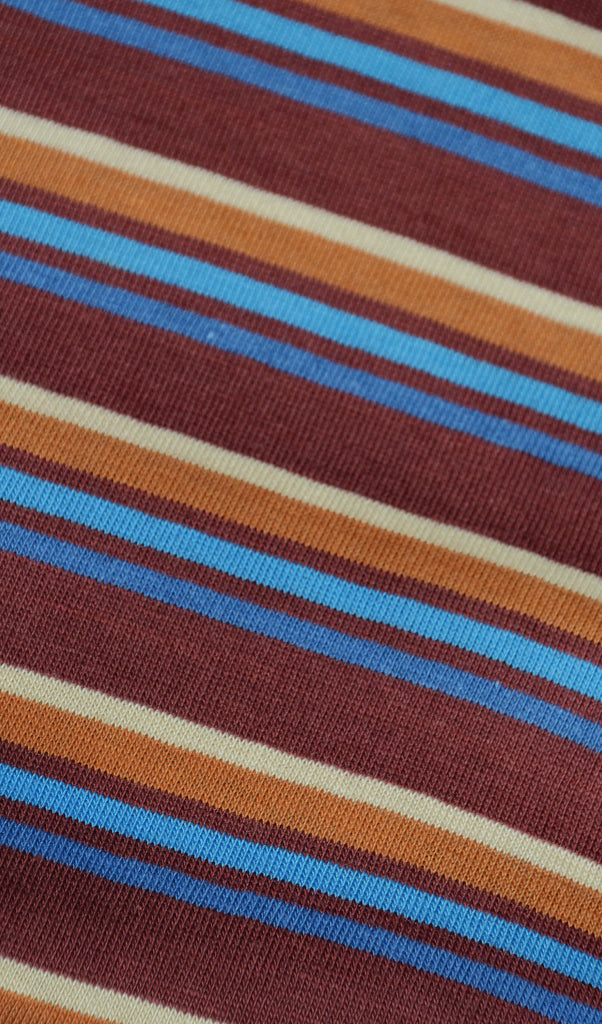 Close up of the Burgundy, yellow, orange and blue stripes on the Burgundy stripe retro tee