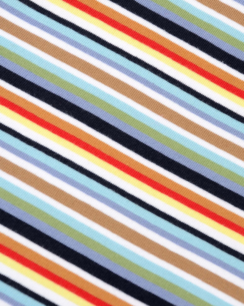 Close up shot of the retro multi striped ringer tshirt fabric which has navy blue, white, orange, brown, yellow, pastel blue and green stripes.