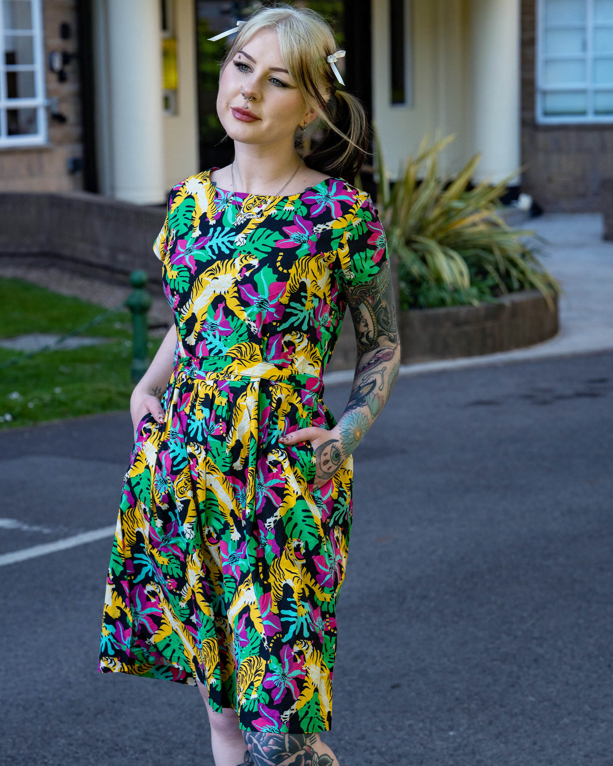 tiger lily dresses Black Tiger Lily Stretch Belted Tea Dress with Pockets – Run and Fly