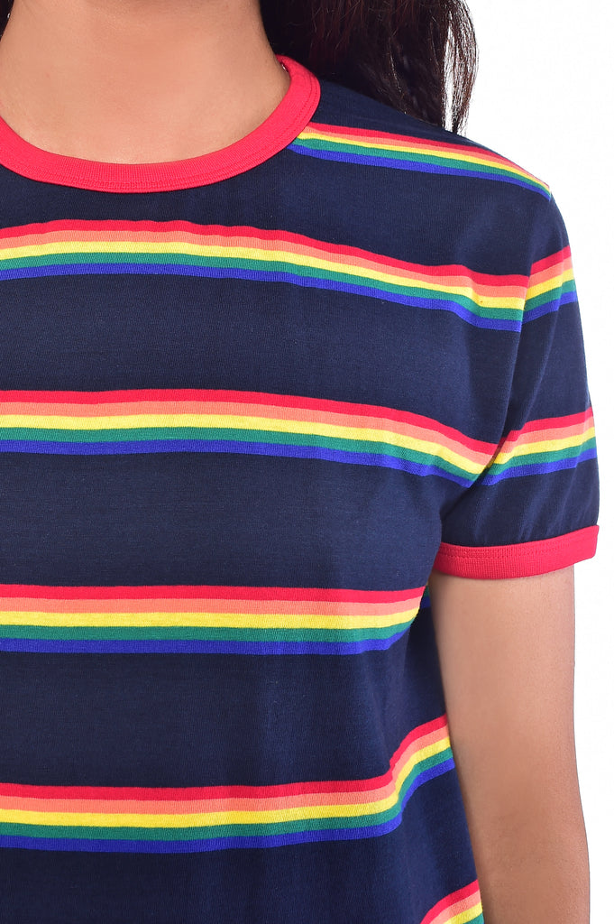 Close up of the chest and neck on the retro rainbow block striped tee