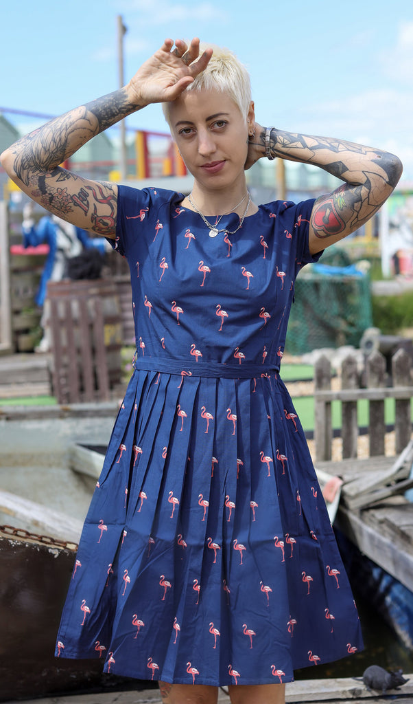 Model is stood outside in a seaside park area wearing the flamingo tea party dress. They are facing the camera posing with one hand behind their head and the other in front of their head. Photo is cropped from the knees up.