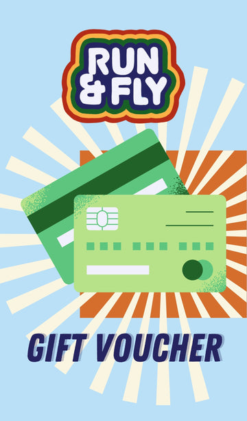Cartoon graphic of the run and fly logo and debit cards over a 70s style sunburst on a blue background. Text at the bottom reads Gift Voucher.