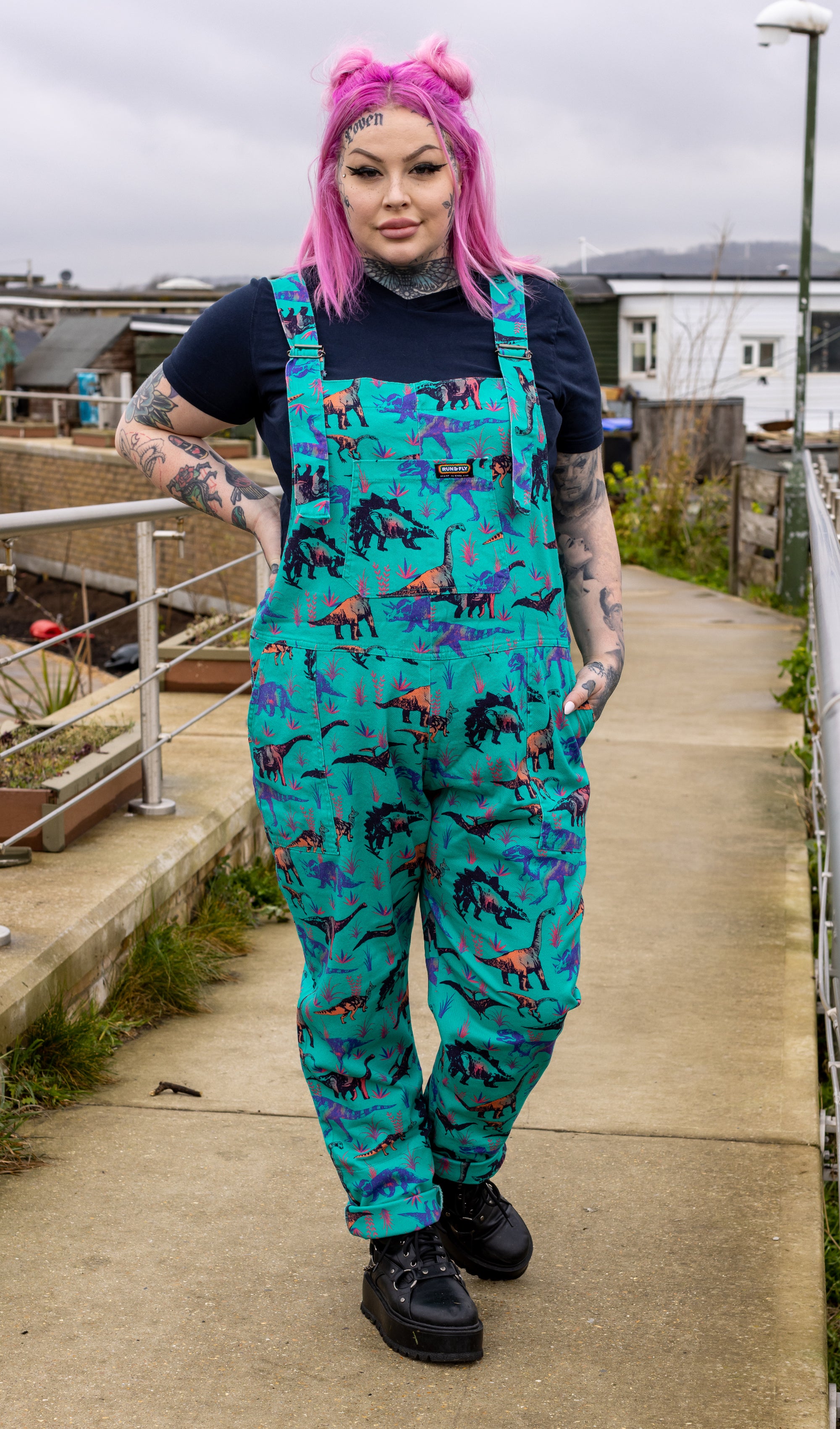 Jade Adventure Dinosaur Stretch Twill Dungarees – Run and Fly
